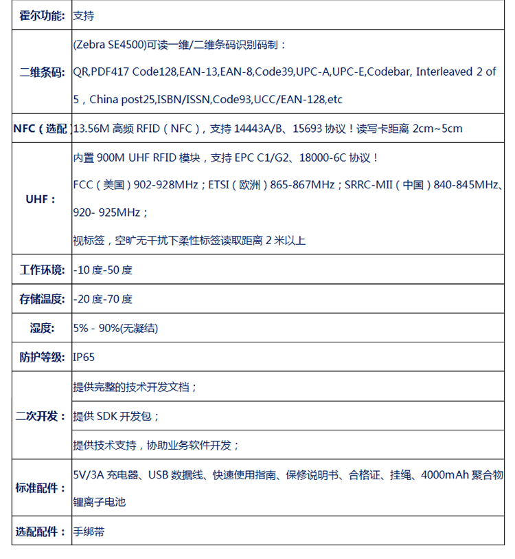  無線數(shù)據(jù)采集手持終端產(chǎn)品規(guī)格